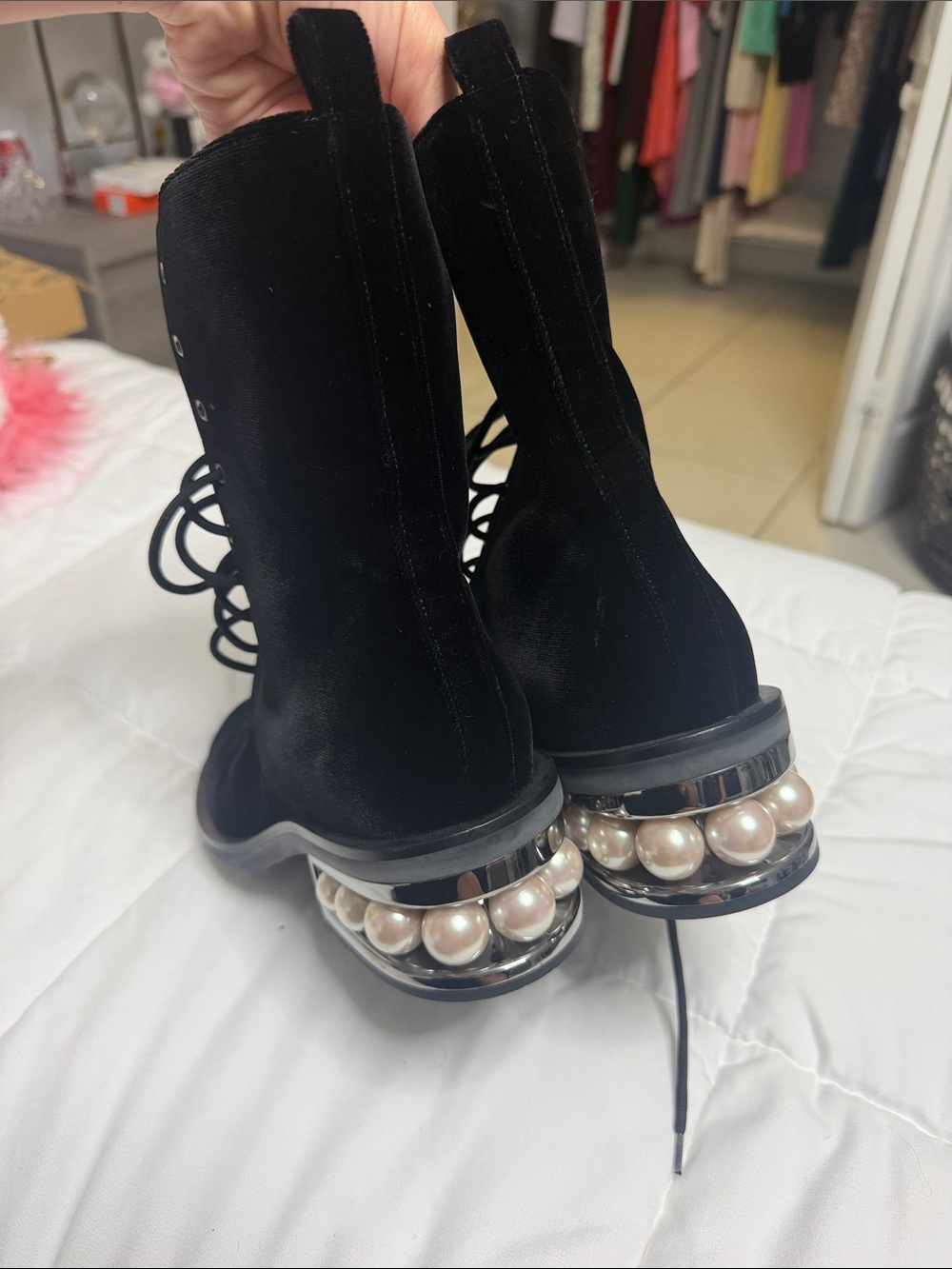 Nicholas Kirkwood Black Velvet Lace-Up Boots with Pearl-Trim Heel - Picture 1 of 7